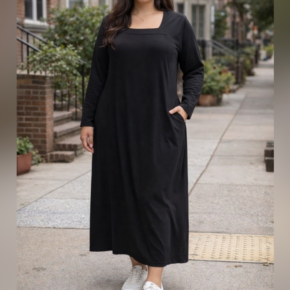Dresses & Skirts - Casual Black Long Sleeve Midi Dress | Classic Stretch Knit | Plus Size 1X